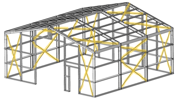 Die Konstruktion einer Lagerhalle mit gelb markierten Windverbänden